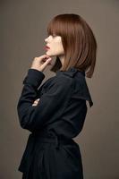 Side view sensual lady Light skin suit outerwear photo