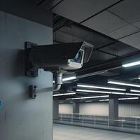 seguridad, cctv cámaras en el oficina edificio, y hogar seguridad sistema concepto con difuminar antecedentes. al aire libre cctv seguridad cámara instalado en el edificio pared en el ciudad. generativo ai foto