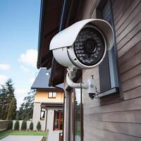 Security, CCTV cameras in the office building, and home security system concept with blur background. Outdoor CCTV Security camera installed on the building wall in the city. photo