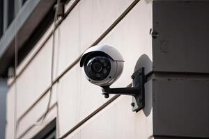 seguridad, cctv cámaras en el oficina edificio, y hogar seguridad sistema concepto con difuminar antecedentes. al aire libre cctv seguridad cámara instalado en el edificio pared en el ciudad. generativo ai foto