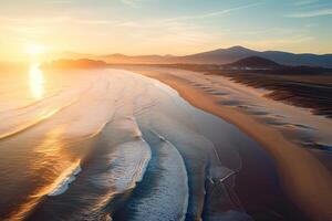 shot of Beautiful sea waves. Beach sand and amazing sea. Summer sunset seascape. Soft sunlight, clear sky, waves and water splashes. photo