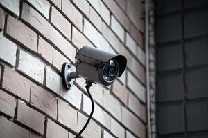 Security, CCTV cameras in the office building, and home security system concept with blur background. Outdoor CCTV Security camera installed on the building wall in the city. photo