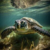 verde Tortuga en el azul mirando a a mí. creado con generativo ai. foto