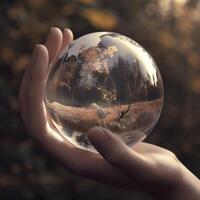 tierra cristal vaso globo pelota y creciente árbol en humano mano en verde soleado antecedentes. ecología concepto. tarjeta para mundo tierra día. creado con generativo ai. foto