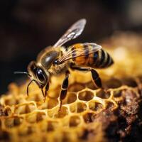 Closeup of bee on honeycomb in apiary. Created with . photo