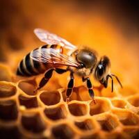Closeup of bee on honeycomb in apiary. Created with . photo