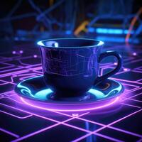 Neon coffee cup. Cafe concept, cyberpunk, cybernetics. Created with . photo