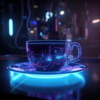 Neon coffee cup. Cafe business concept, cyberpunk, cybernetics. Created with . photo