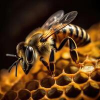 de cerca de abeja en panal en colmenar. creado con generativo ai. foto