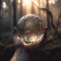 tierra cristal vaso globo pelota y creciente árbol en humano mano en verde soleado antecedentes. ecología concepto. tarjeta para mundo tierra día. creado con generativo ai. foto