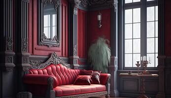 Interior dark wall with wooden molds and wooden carving decorations and red sofa . Old classic Victorian interior style. photo