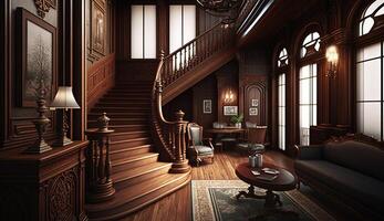 Dark gothic mansion hall in victorian style interior with staircase and lamp holders. photo