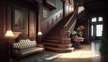 Dark gothic mansion hall in victorian style interior with staircase and lamp holders. photo