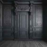 Interior dark wall with wooden molds and wooden carving. Old classic Victorian interior style. photo
