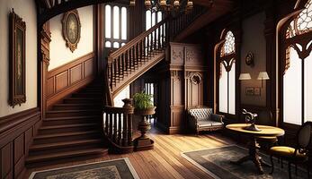 Dark gothic mansion hall in victorian style interior with staircase and lamp holders. photo