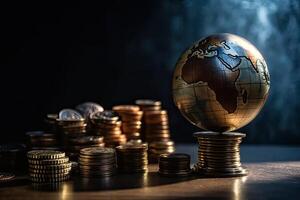 Globe and stack with coins. Money makes the world go round. photo