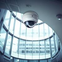 Security, CCTV cameras in the office building, and home security system concept with blur background. Outdoor CCTV Security camera installed on the building wall in the city. Generative Ai photo
