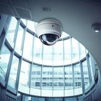 Security, CCTV cameras in the office building, and home security system concept with blur background. Outdoor CCTV Security camera installed on the building wall in the city. photo