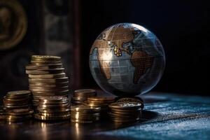 Globe and stack with coins. Money makes the world go round. photo