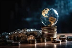 Globe and stack with coins. Money makes the world go round. photo