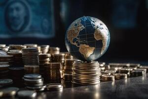 Globe and stack with coins. Money makes the world go round. photo