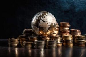 Globe and stack with coins. Money makes the world go round. photo