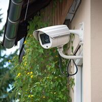 Security, CCTV cameras in the office building, and home security system concept with blur background. Outdoor CCTV Security camera installed on the building wall in the city. photo