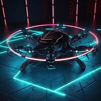 Neon drone with camera. Neon drone color. illustration of a quadrocopter consisting of neon outlines, with backlight on the dark background. . photo