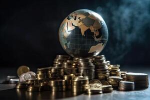 Globe and stack with coins. Money makes the world go round. photo