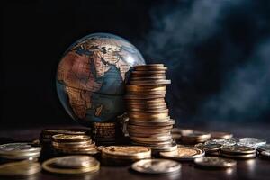 Globe and stack with coins. Money makes the world go round. photo