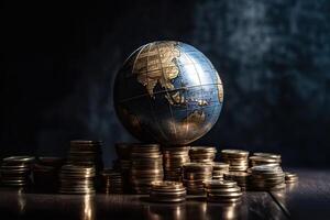 Globe and stack with coins. Money makes the world go round. photo