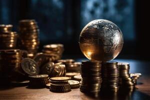 Globe and stack with coins. Money makes the world go round. photo