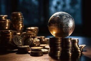 Globe and stack with coins. Money makes the world go round. photo