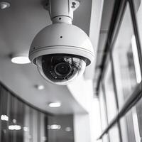 Security, CCTV cameras in the office building, and home security system concept with blur background. Outdoor CCTV Security camera installed on the building wall in the city. photo