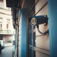 Security, CCTV cameras in the office building, and home security system concept with blur background. Outdoor CCTV Security camera installed on the building wall in the city. photo