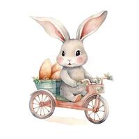 bicycle,bunny, Easter eggs. Watercolor clipart, on an isolated background, in cartoon style. photo