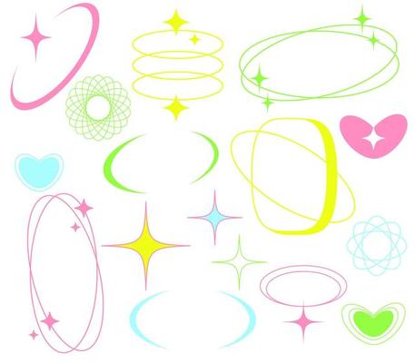 minimalist aesthetic line elements, trendy linear frames with stars, geometric forms. Retro futuristic elements for design.