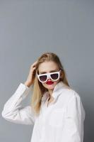 fashionable woman fashion white shirt sunglasses Lifestyle posing photo