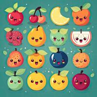 Cartoon funny fruits characters and fruits face illustrations. Funny fruit face and cartoon fruit characters icon set. Cartoon characters. Cartoon face food. Generative Ai. photo