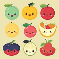 dibujos animados gracioso frutas caracteres y frutas cara ilustraciones. gracioso Fruta cara y dibujos animados Fruta caracteres icono colocar. dibujos animados caracteres. dibujos animados cara alimento. generativo ai. foto