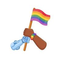 Human and Robot Hand holding LGBTQ Flag Symbol cartoon illustration vector