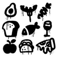 Different food icons set in urban graffiti style. Grill, sausage, vegetables, bread, fish. Sprayed texrured vector illustration in black and white