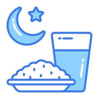 Rice bowl with water glass and crescent moon vector of iftar icon