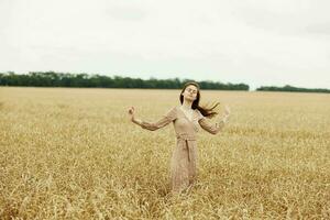 pretty woman countryside industry cultivation endless field photo