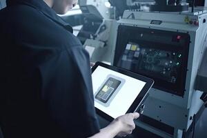 Engineer with tablet computer at factory workplace. Industrial worker controls operation of robotic production line. Created with photo