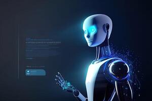 Visualization of robot assistant or chat bot on web site. Cute robot with big eyes on dark background. Created with photo