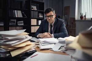 cansado oficina trabajador sentado a lugar de trabajo.agotado hombre trabajando con documentos. creado con generativo ai foto