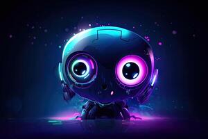 Visualization of robot assistant or chat bot on web site. Cute robot with big eyes on dark background. Created with photo