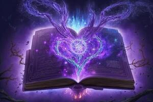 Open magical book with glowing lights over pages on abstract background. Fantasy reading. Created with photo