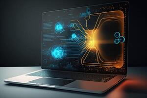 Digital data and network connection on laptop screen. Big data analysis. Network information and data protection concept. Created with photo